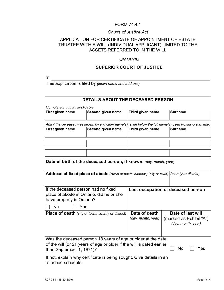 Form 74.4.1 Application for Certificate of Appointment of Estate Trustee With a Will (Individual Applicant) Limited to the Assets Referred to in the Will - Ontario, Canada, Page 1