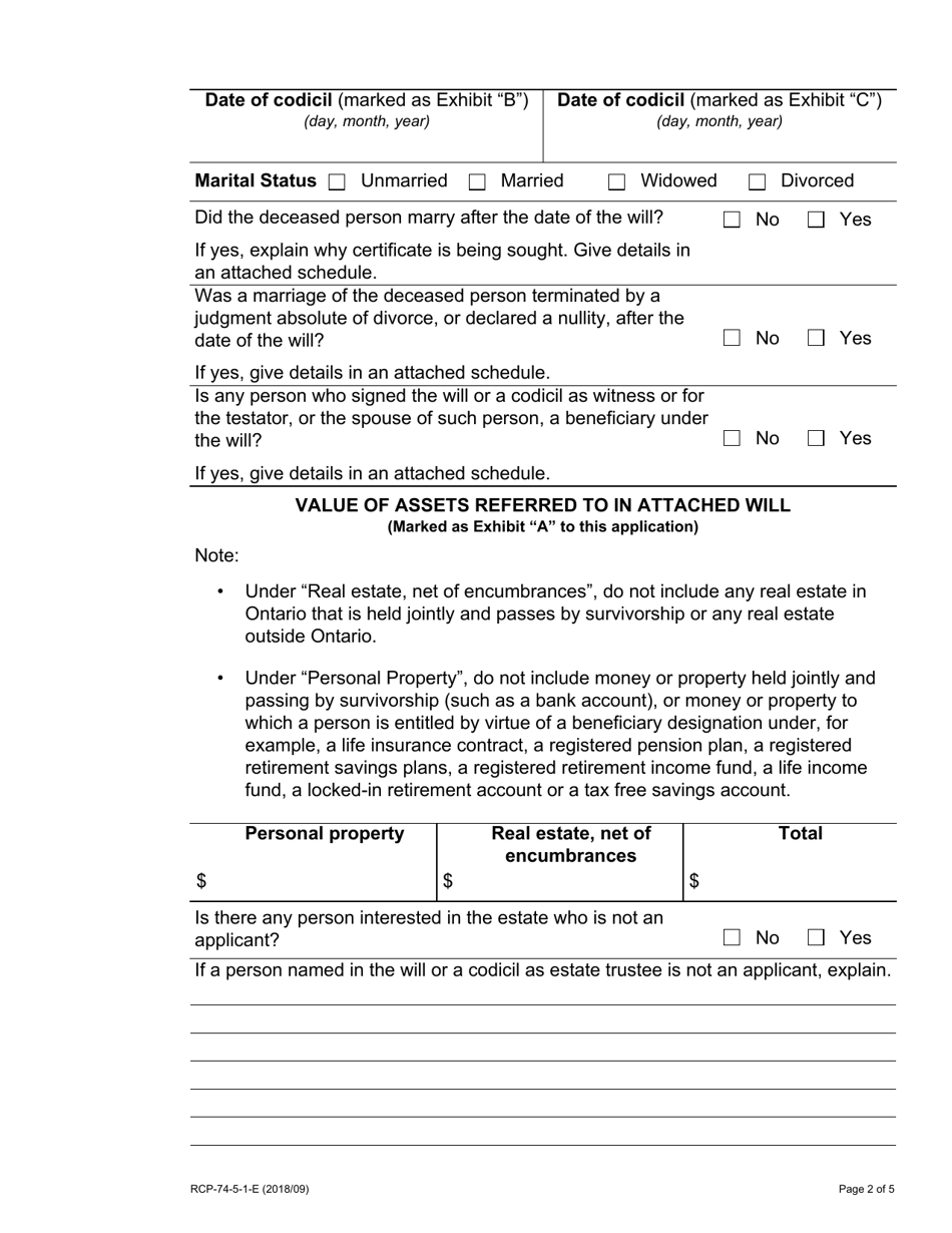 Form 74.5.1 Application for Certificate of Appointment of Estate Trustee With a Will (Corporate Applicant) Limited to the Assets Referred to in the Will - Ontario, Canada, Page 2