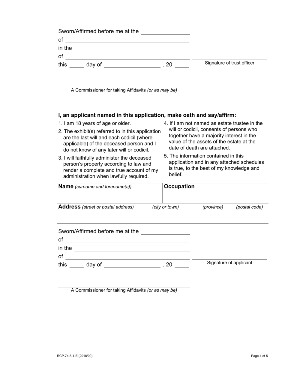 Form 74.5.1 Application for Certificate of Appointment of Estate Trustee With a Will (Corporate Applicant) Limited to the Assets Referred to in the Will - Ontario, Canada, Page 4