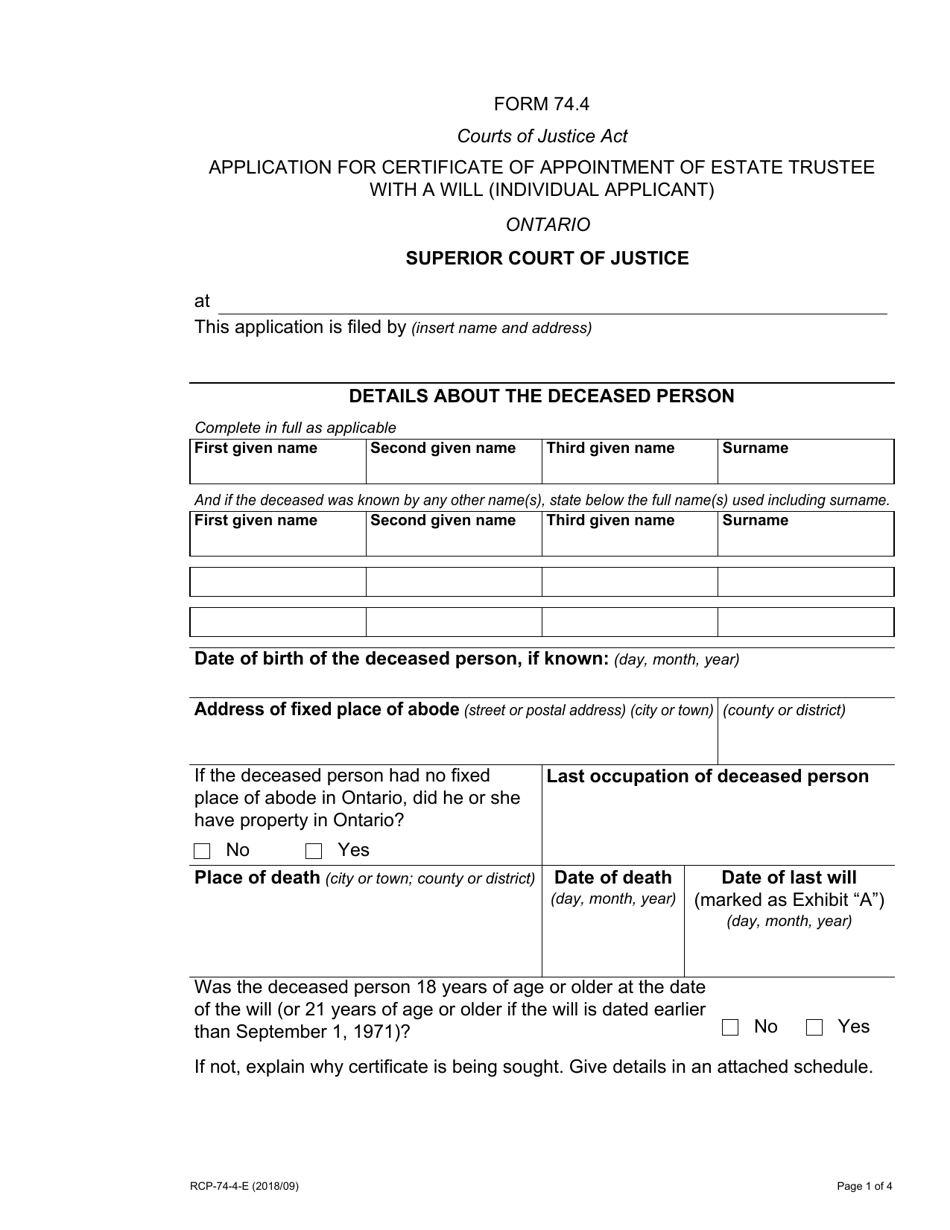 Form 74.4 Application for Certificate of Appointment of Estate Trustee With a Will (Individual Applicant) - Ontario, Canada, Page 1