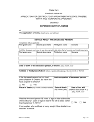 Form 74.5 Application for Certificate of Appointment of Estate Trustee With a Will (Corporate Applicant) - Ontario, Canada
