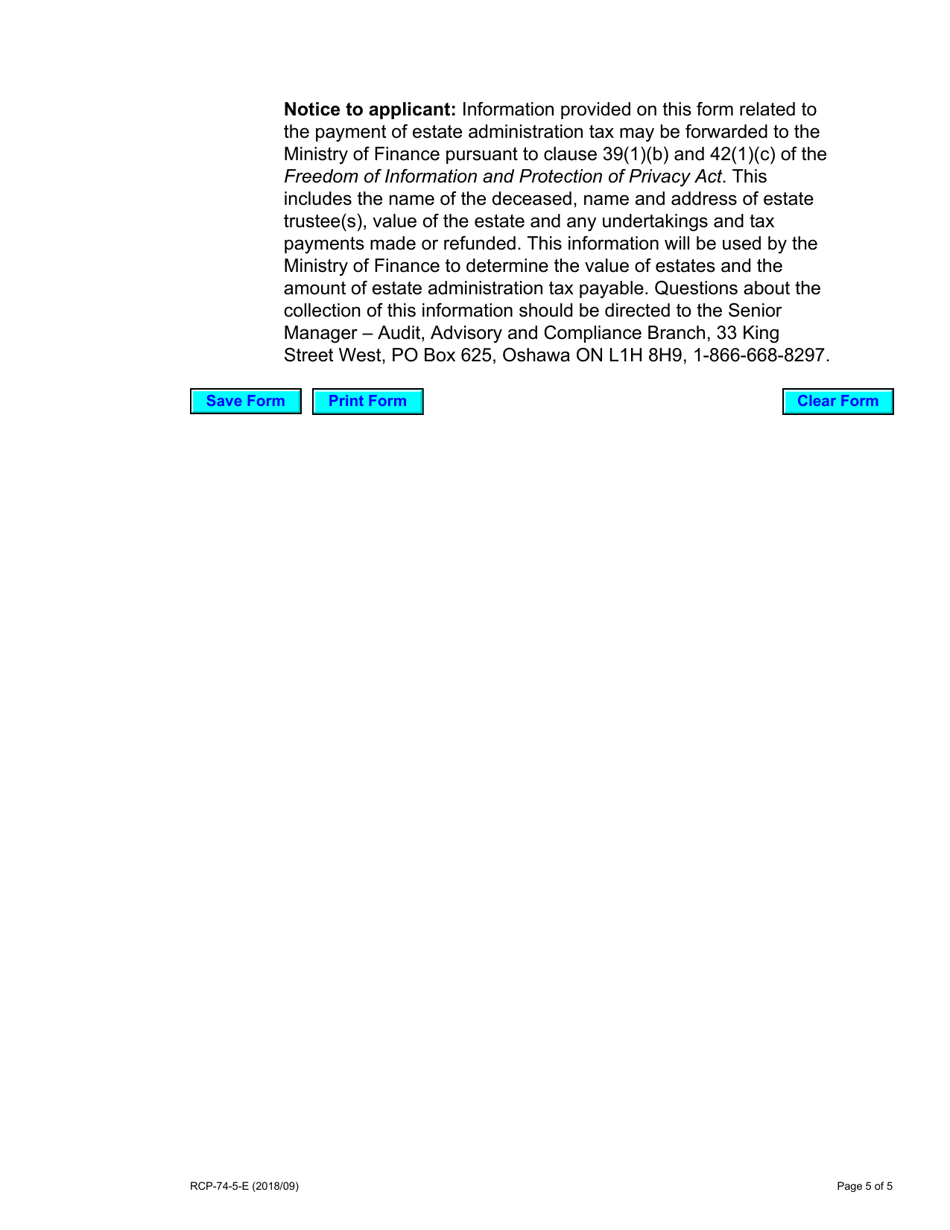 Form 74.5 Application for Certificate of Appointment of Estate Trustee With a Will (Corporate Applicant) - Ontario, Canada, Page 5