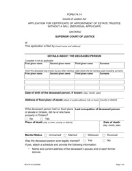 Document preview: Form 74.14 Application for Certificate of Appointment of Estate Trustee Without a Will (Individual Applicant) - Ontario, Canada