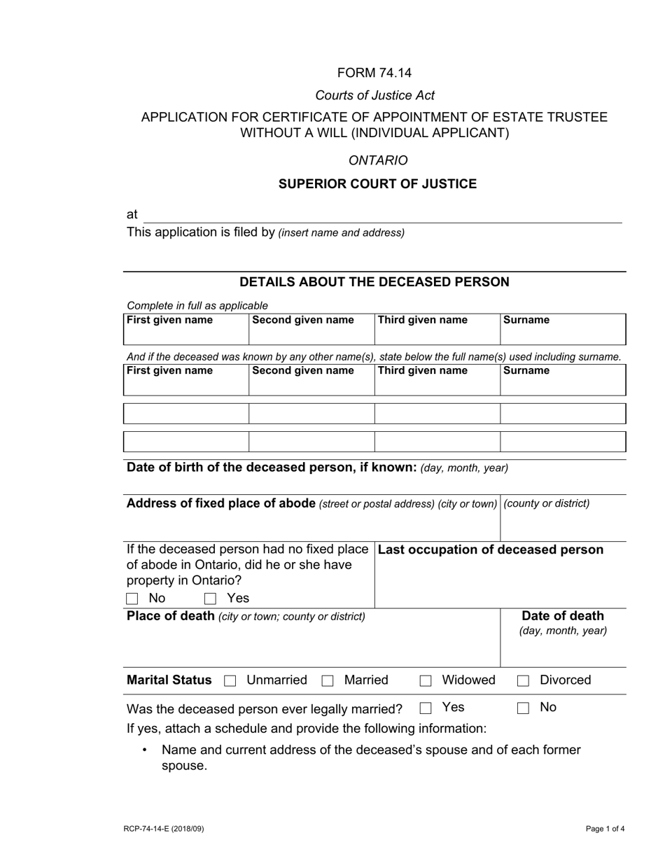 Form 74.14 Application for Certificate of Appointment of Estate Trustee Without a Will (Individual Applicant) - Ontario, Canada, Page 1