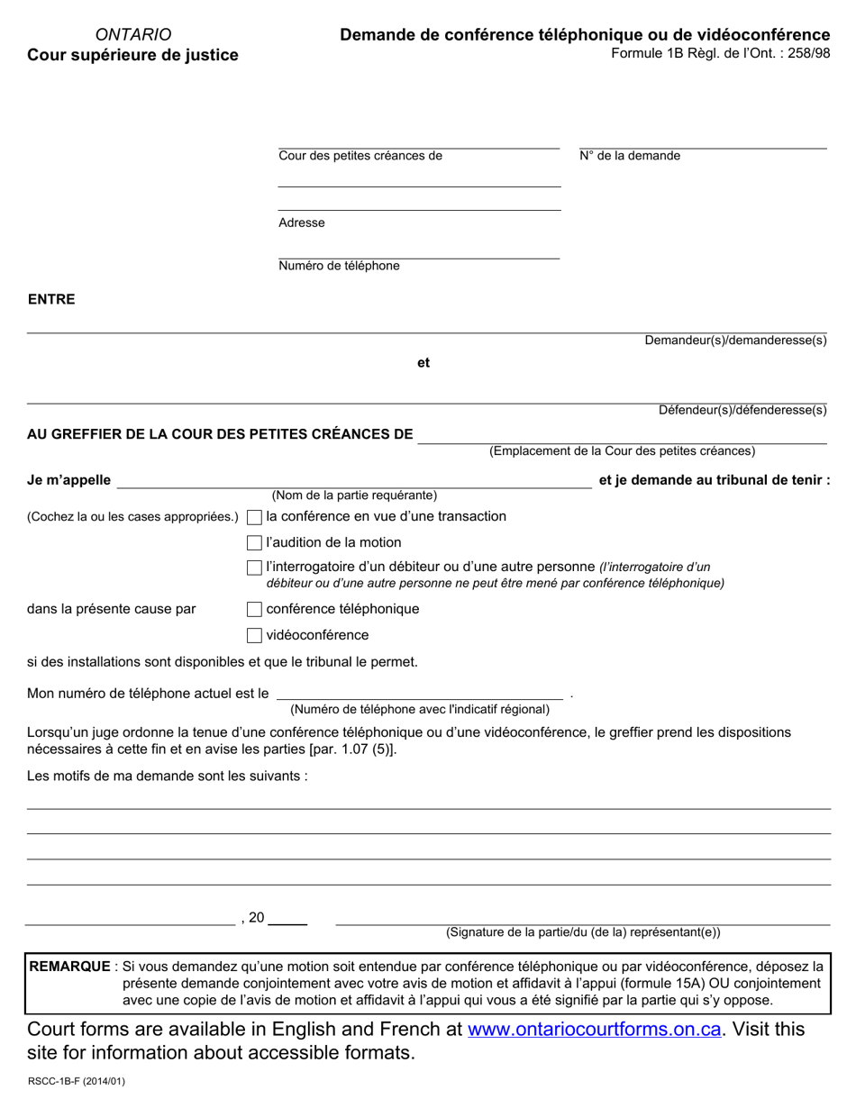 Forme 1B Demande De Conference Telephonique Ou De Videoconference - Ontario, Canada (French), Page 1