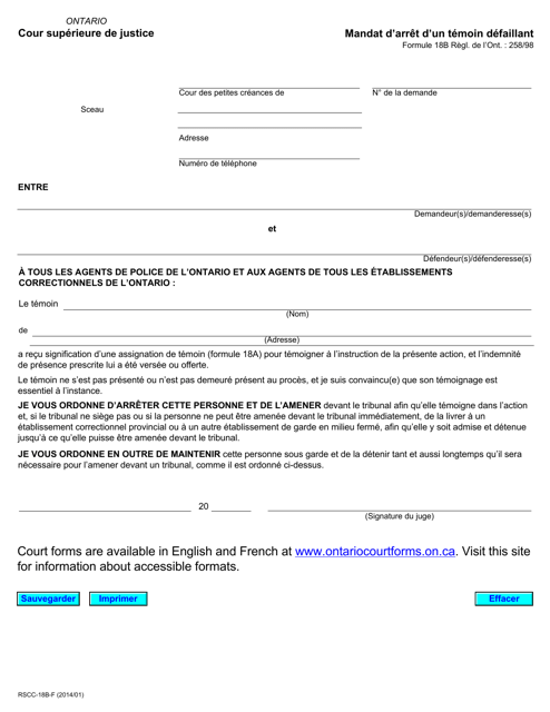 Forme 18B Mandat D'arret D'un Temoin Defaillant - Ontario, Canada (French)
