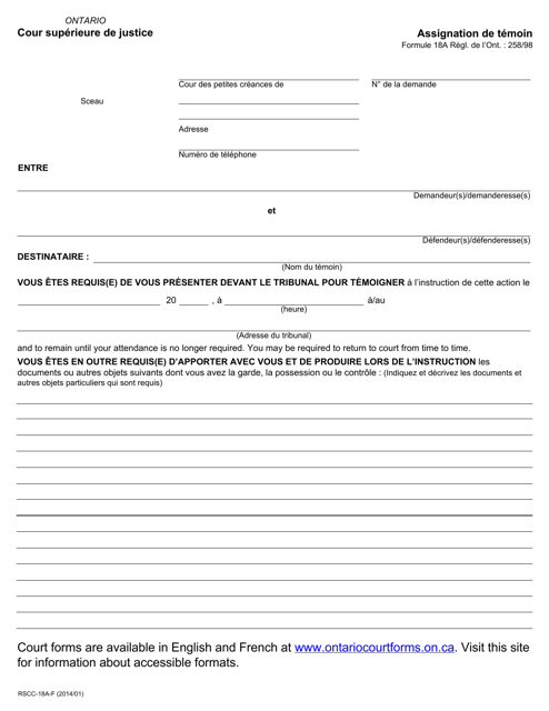 Forme 18A Assignation De Temoin - Ontario, Canada (French)