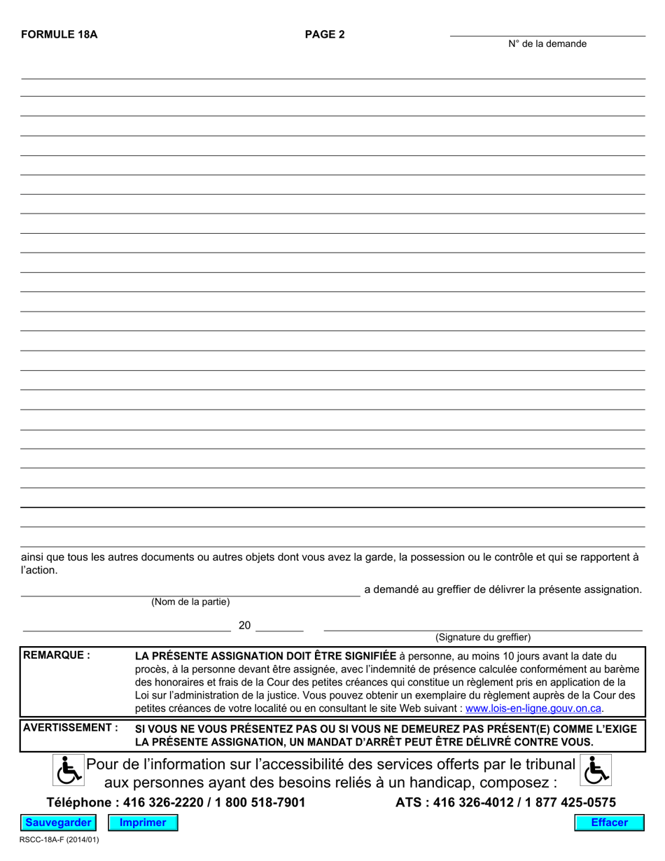 Forme 18A Assignation De Temoin - Ontario, Canada (French), Page 2