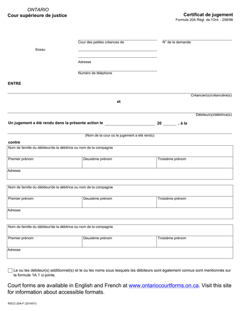 Forme 20A Certificat De Jugement - Ontario, Canada (French)