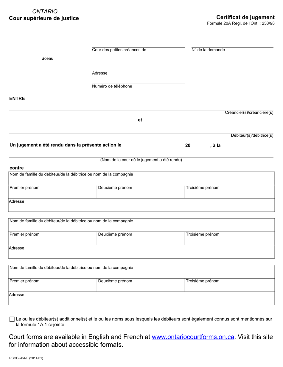 Forme 20A Certificat De Jugement - Ontario, Canada (French), Page 1