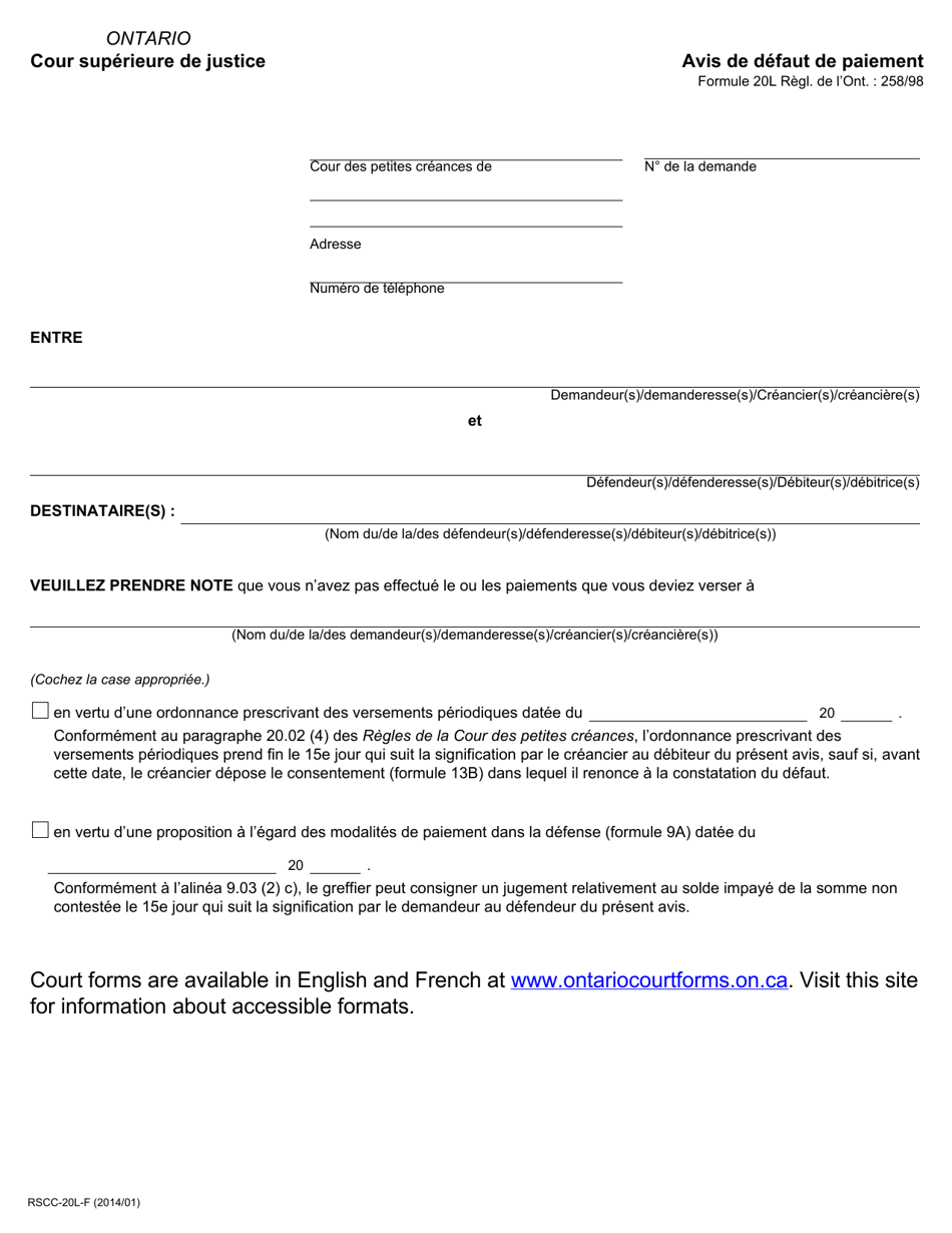 Forme 20L Avis De Defaut De Paiement - Ontario, Canada (French), Page 1