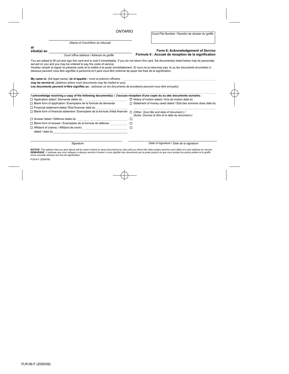 Form 6 Acknowledgement of Service - Ontario, Canada (English / French), Page 1