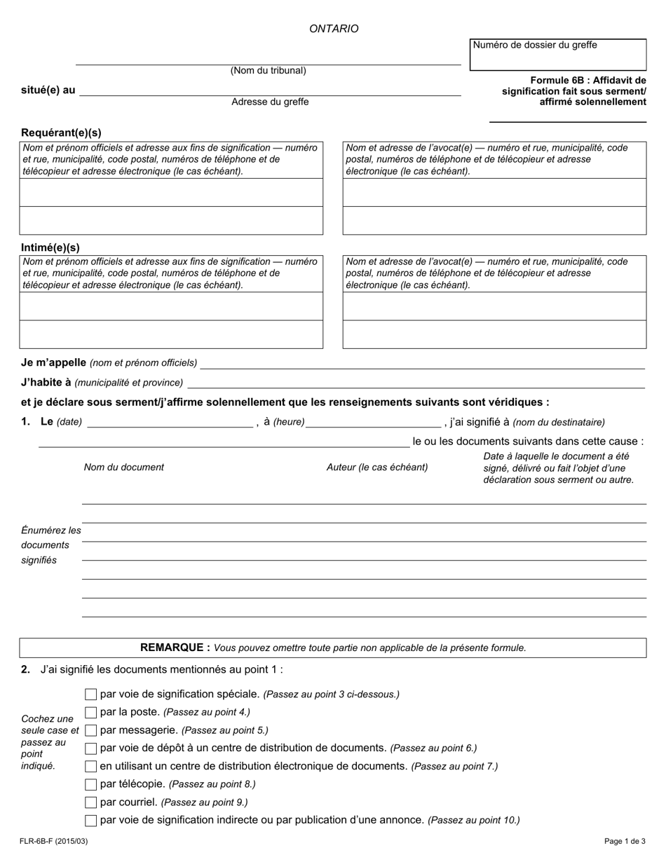 Forme 6B Affidavit De Signification Fait Sous Serment/ Affirme Solennellement - Ontario, Canada (French), Page 1
