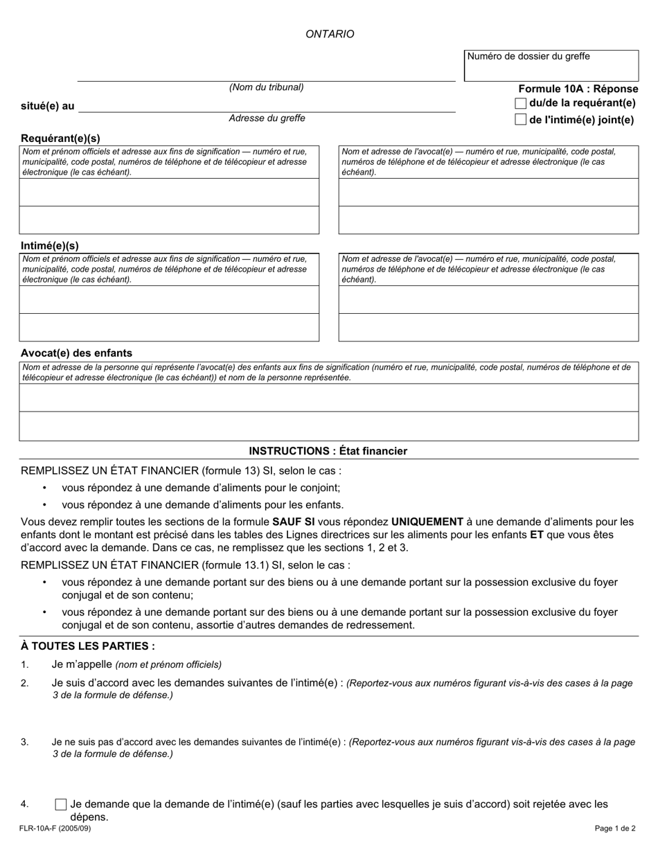 Forme 10A Reponse - Ontario, Canada (French), Page 1