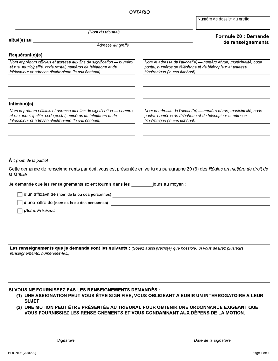 Forme 20 Demande De Renseignements - Ontario, Canada (French), Page 1
