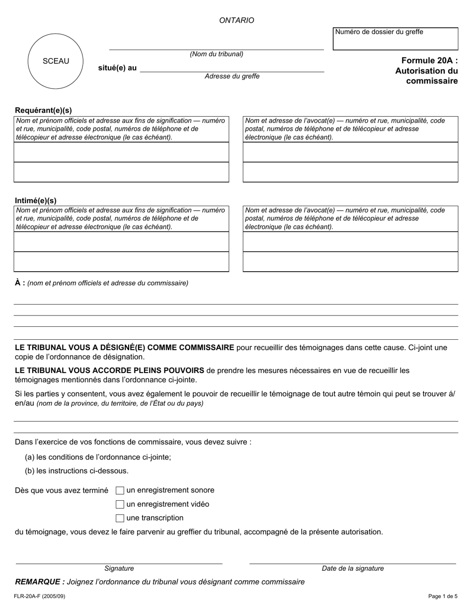 Forme 20A Autorisation Du Commissaire - Ontario, Canada (French), Page 1