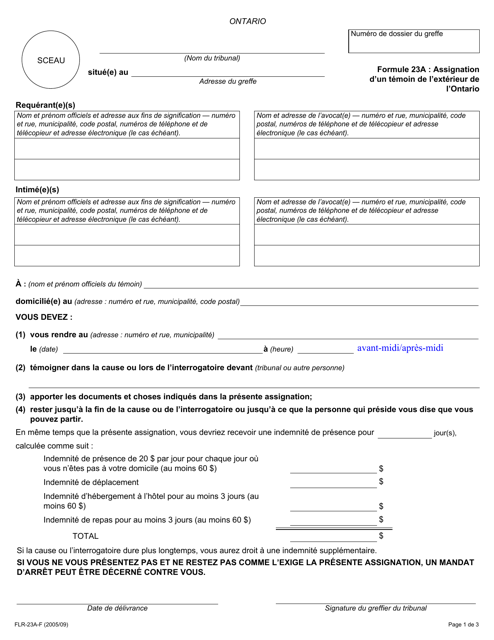 Forme 23A Assignation D'un Temoin De L'exterieur De L'ontario - Ontario, Canada (French)