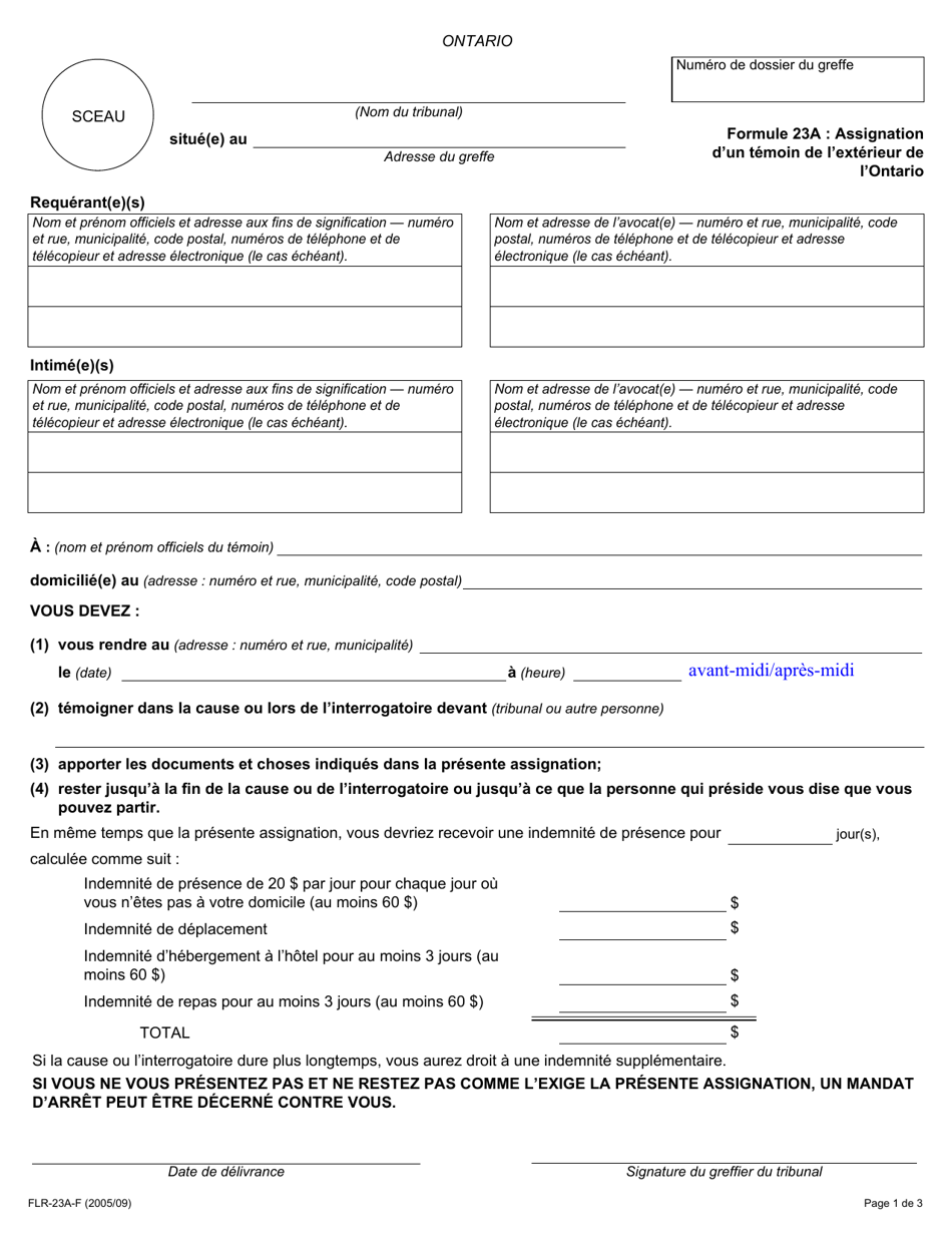 Forme 23A Assignation Dun Temoin De Lexterieur De Lontario - Ontario, Canada (French), Page 1
