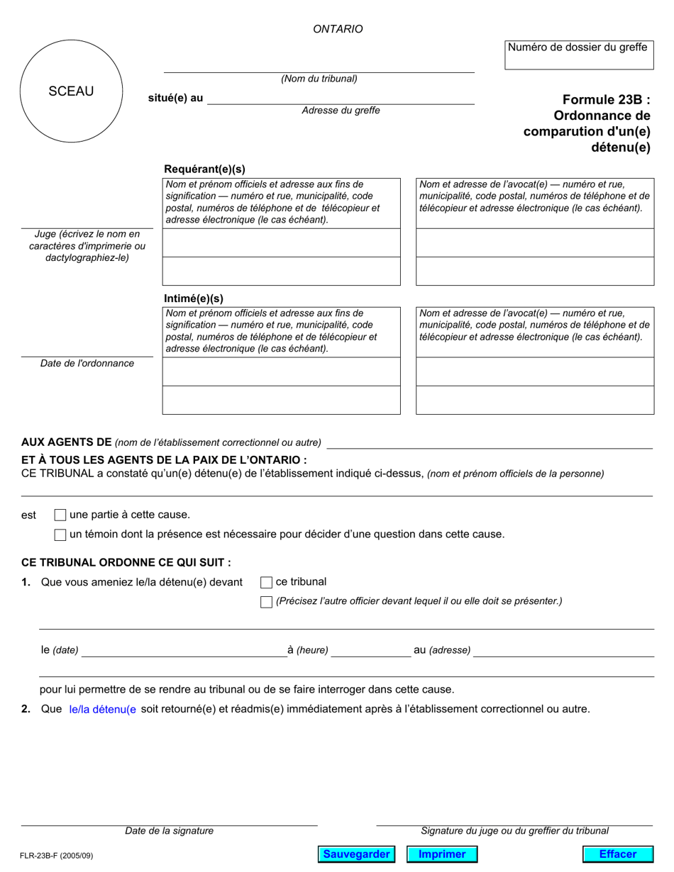 Forme 23B Ordonnance De Comparution Dun(E) Detenu(E) - Ontario, Canada (French), Page 1