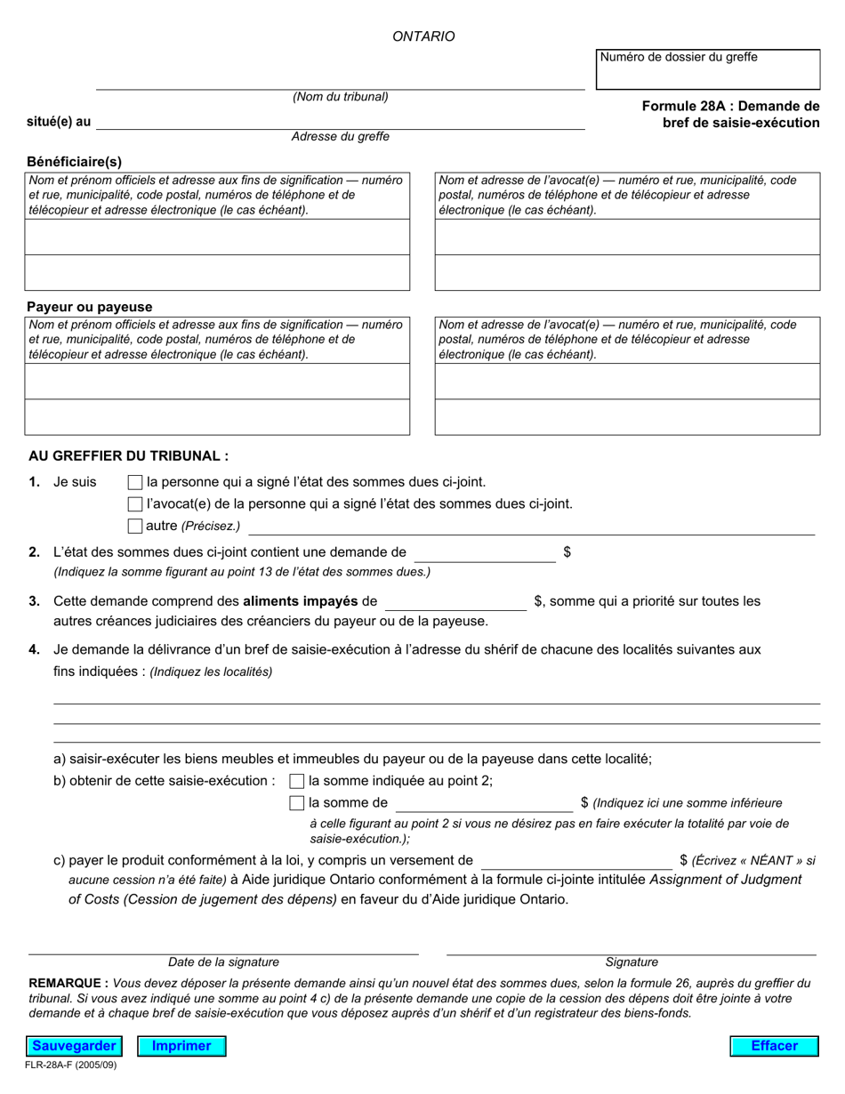 Forme 28A Demande De Bref De Saisie-Execution - Ontario, Canada (French), Page 1