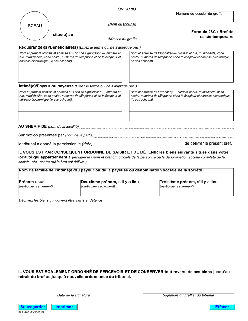 Forme 28C Bref De Saisie Temporaire - Ontario, Canada (French), Page 1