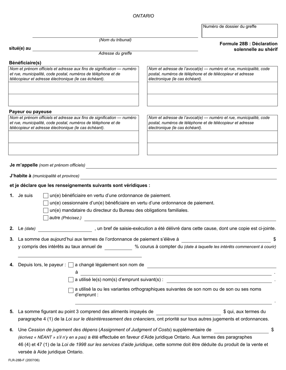 Forme 28B Declaration Solennelle Au Sherif - Ontario, Canada (French), Page 1