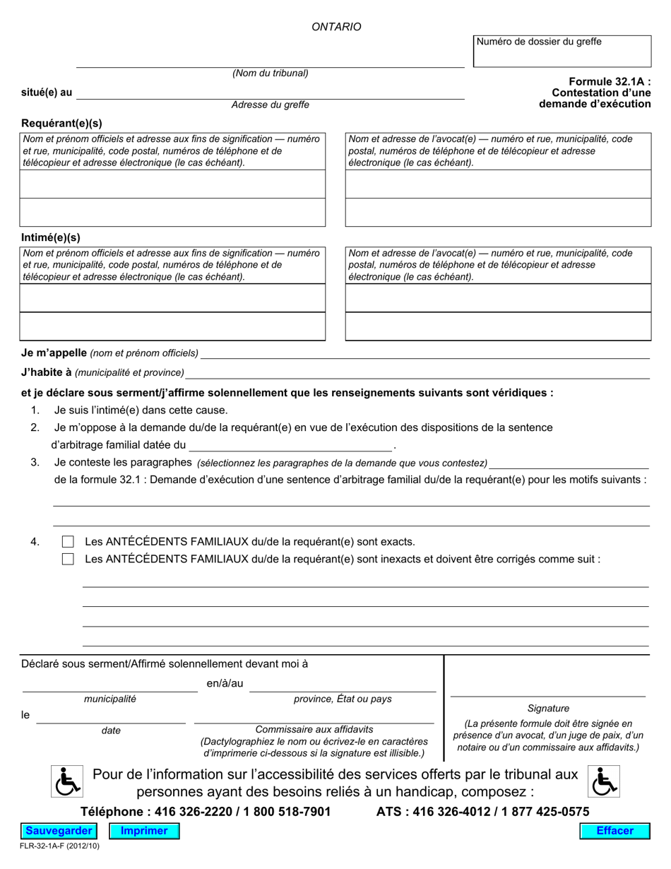 Forme 32.1A Contestation Dune Demande Dexecution - Ontario, Canada (French), Page 1