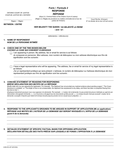 Form COR-OCJ-2 (2) Response - Ontario, Canada (English/French)