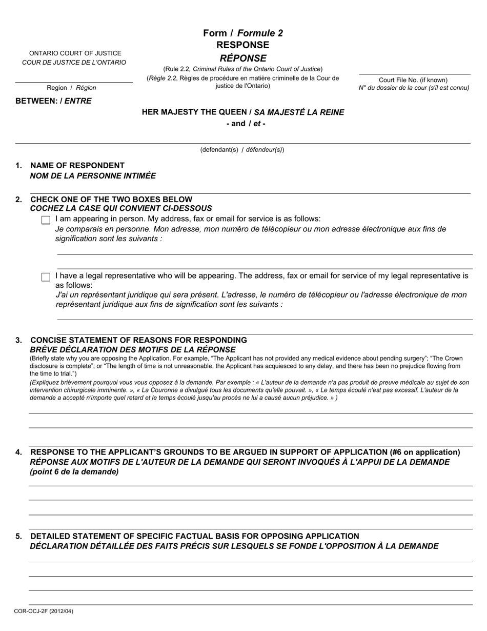 Form COR-OCJ-2 (2) Response - Ontario, Canada (English / French), Page 1