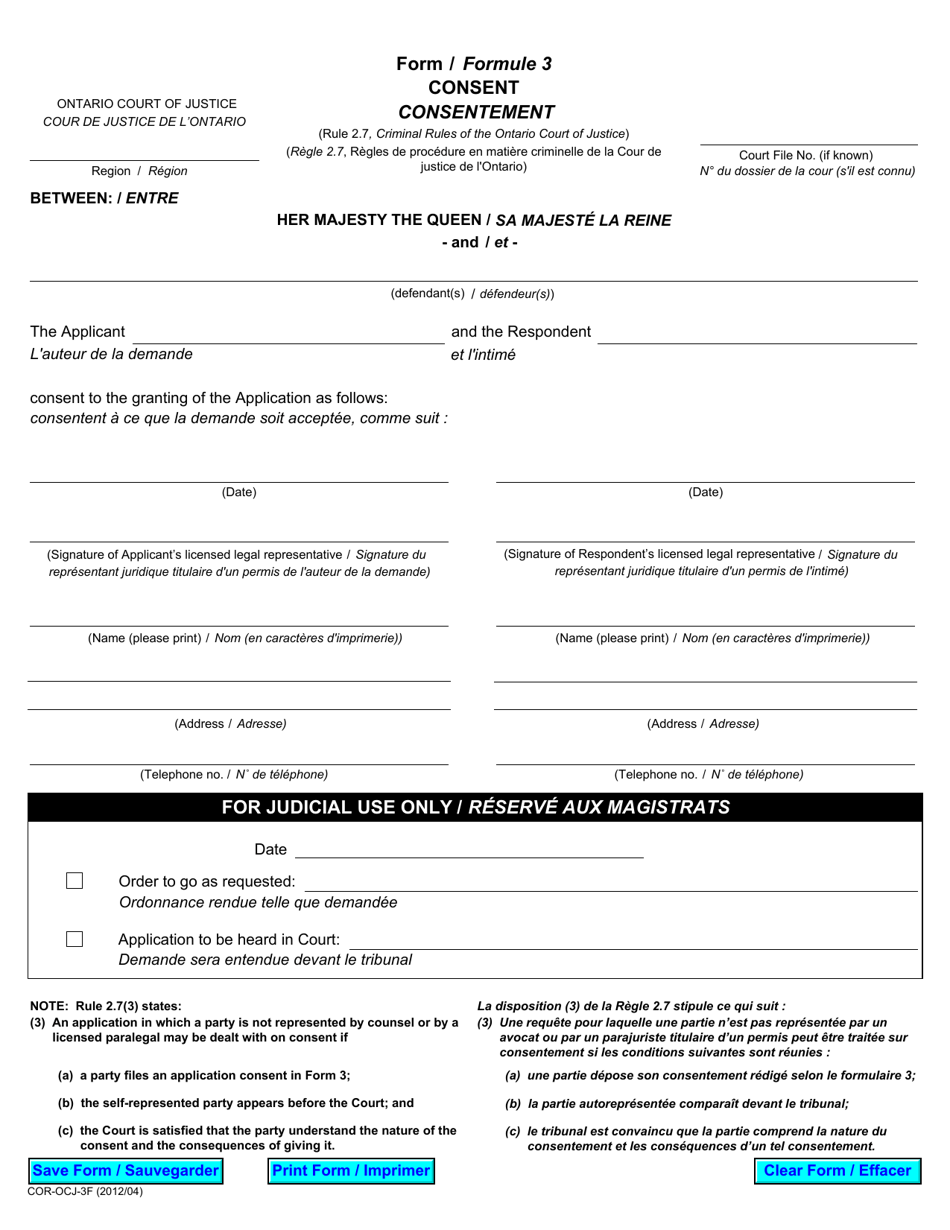 Form COR-OCJ-3 (3) Consent - Ontario, Canada (English / French), Page 1