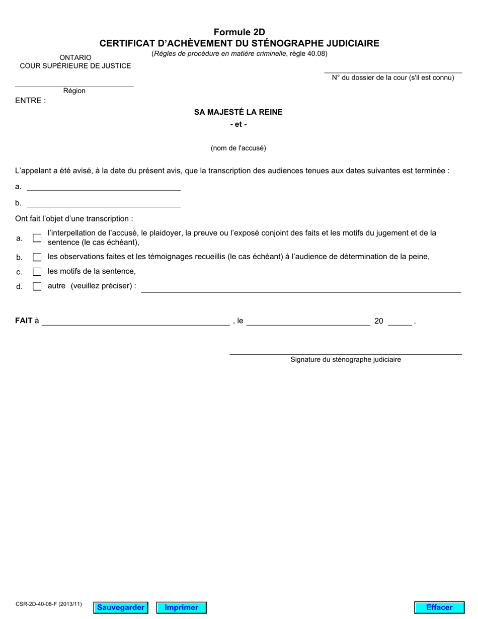 Forme 2D Certificat Dachevement Du Stenographe Judiciaire - Ontario, Canada (French), Page 1