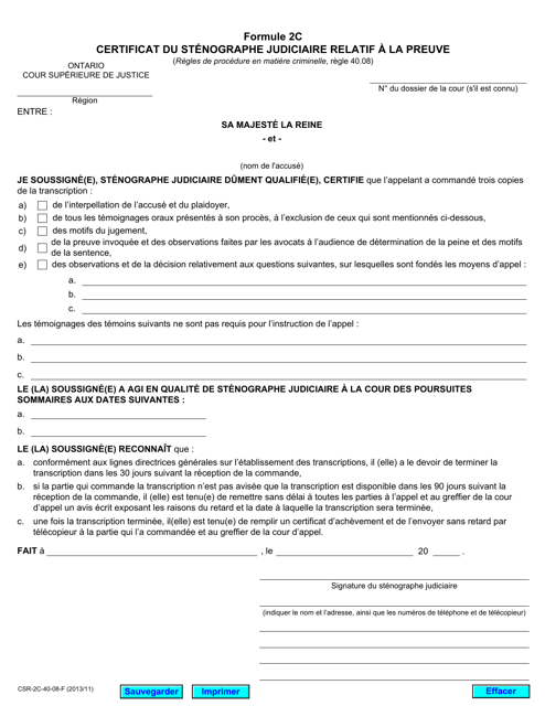 Forme 2C Certificat Du Stenographe Judiciaire Relatif a La Preuve - Ontario, Canada (French)