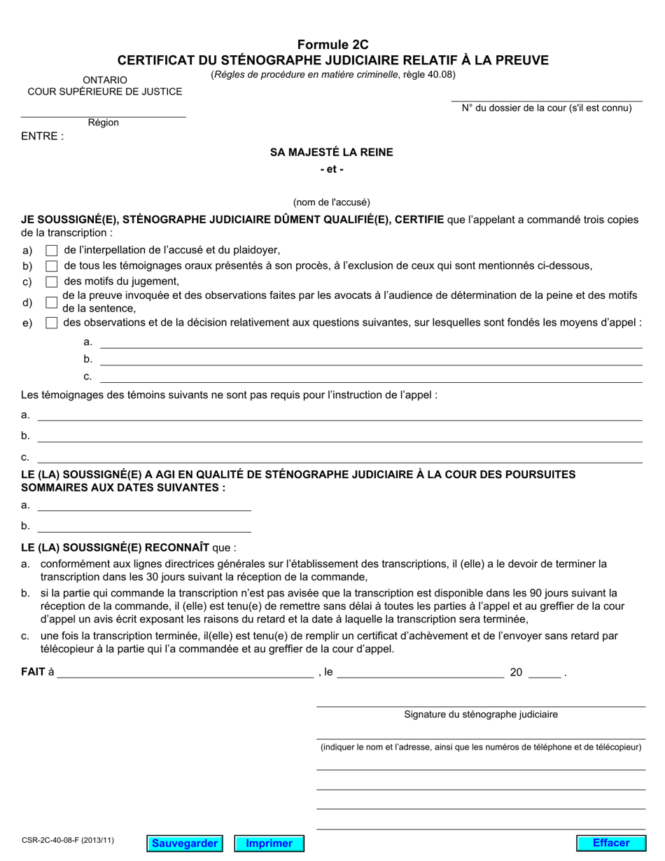 Forme 2C Certificat Du Stenographe Judiciaire Relatif a La Preuve - Ontario, Canada (French), Page 1