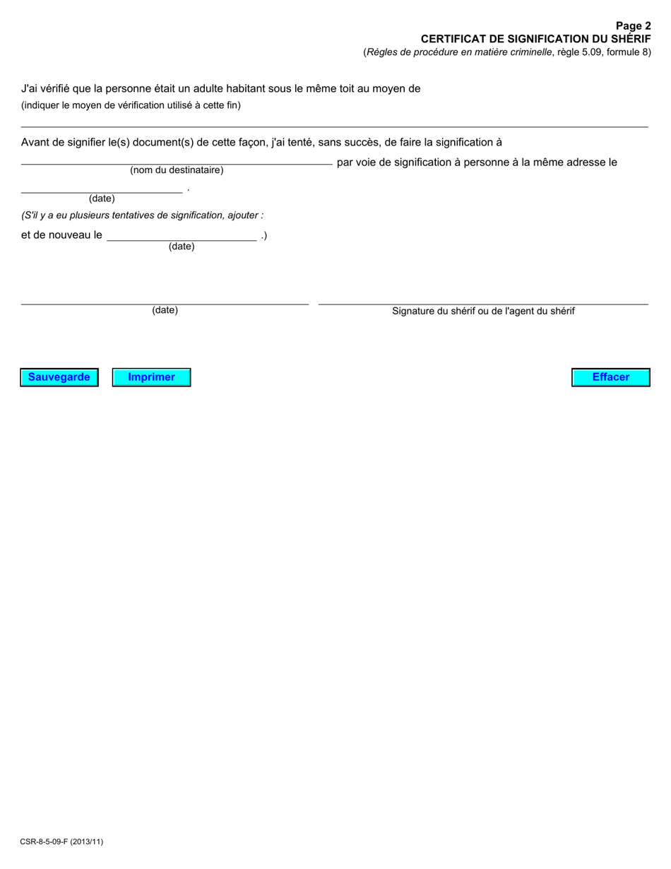 Forme 8 Certificat De Signification Du Sherif - Ontario, Canada (French), Page 2