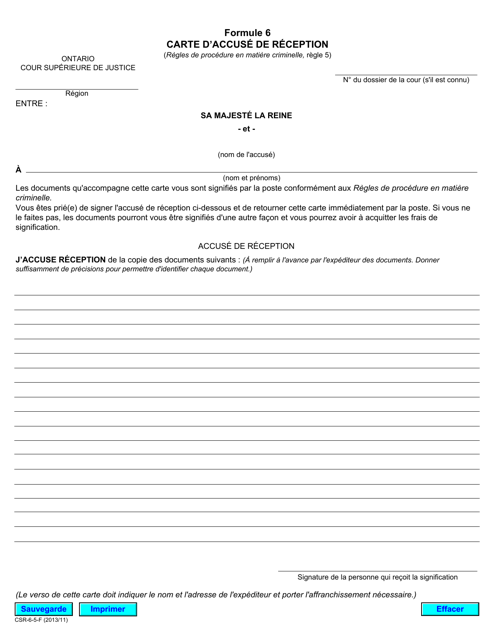 Forme 6 Carte D'accuse De Reception - Ontario, Canada (French)