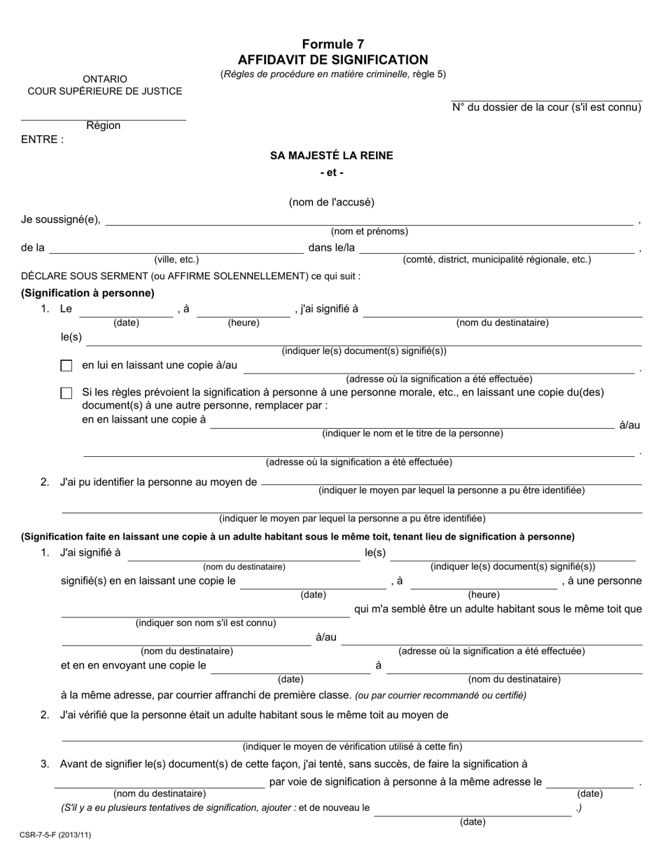Forme 7 Affidavit De Signification - Ontario, Canada (French), Page 1