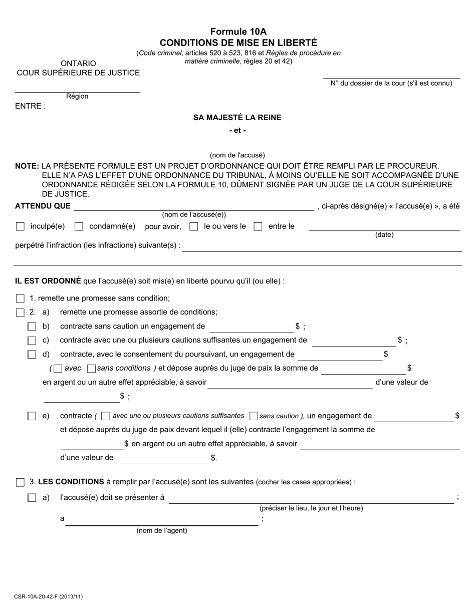 Forme 10A Conditions De Mise En Liberte - Ontario, Canada (French), Page 1