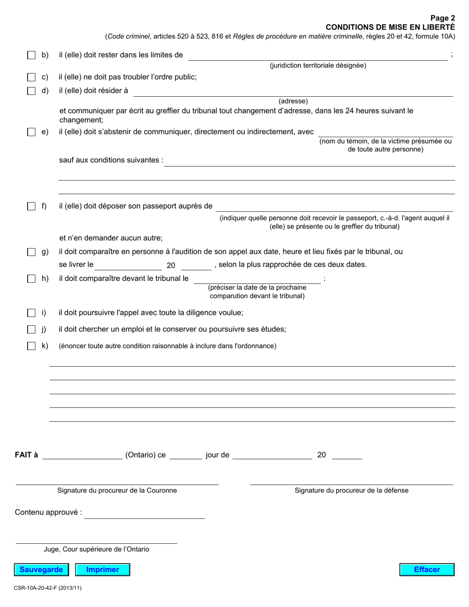 Forme 10A Conditions De Mise En Liberte - Ontario, Canada (French), Page 2