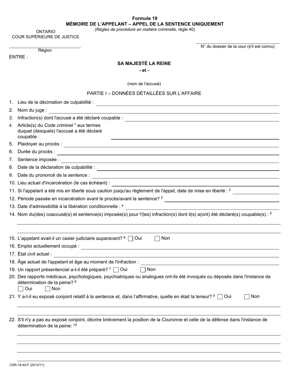 Forme 19 Memoire Dappelant - Appel De La Sentence Uniquement - Ontario, Canada (French), Page 1