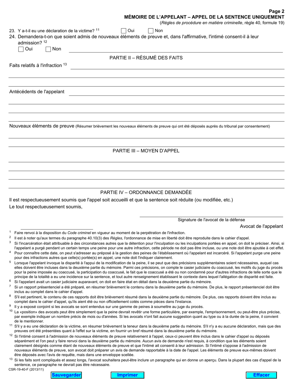Forme 19 Memoire Dappelant - Appel De La Sentence Uniquement - Ontario, Canada (French), Page 2