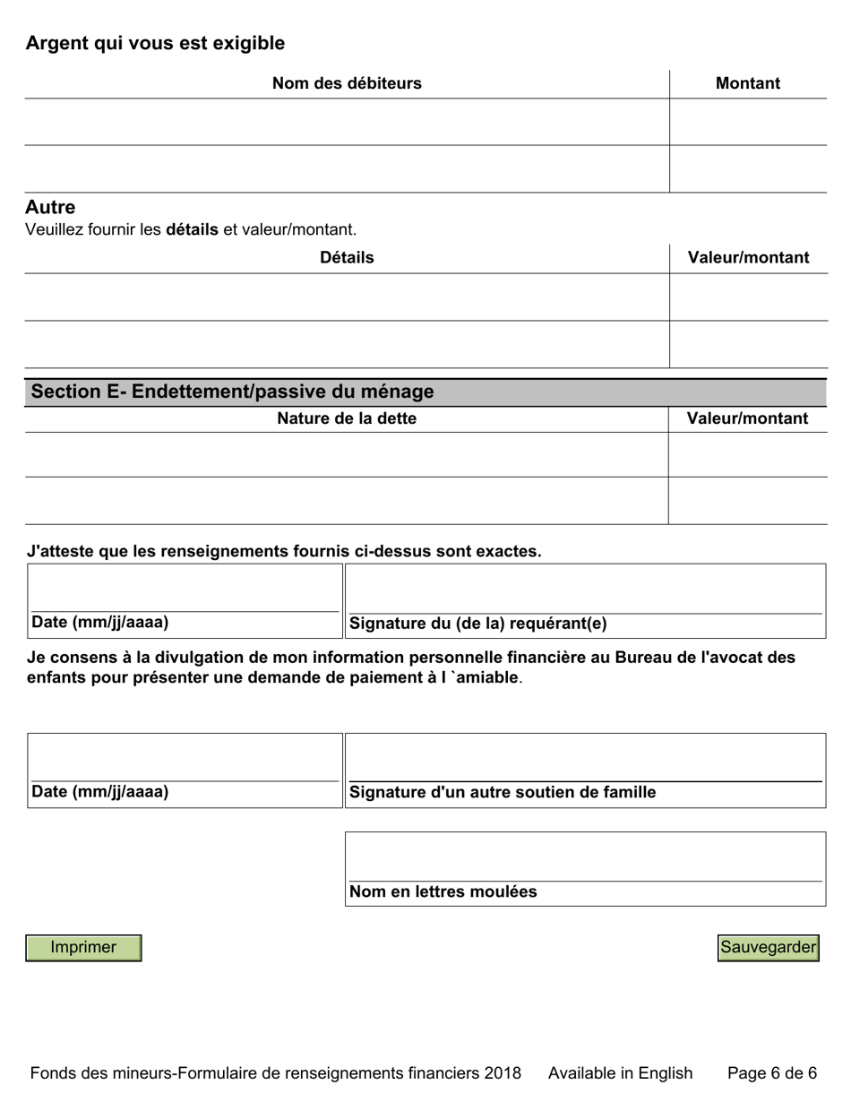Fonds De Mineurs - Formulaire De Renseignements Financiers - Ontario, Canada (French), Page 6