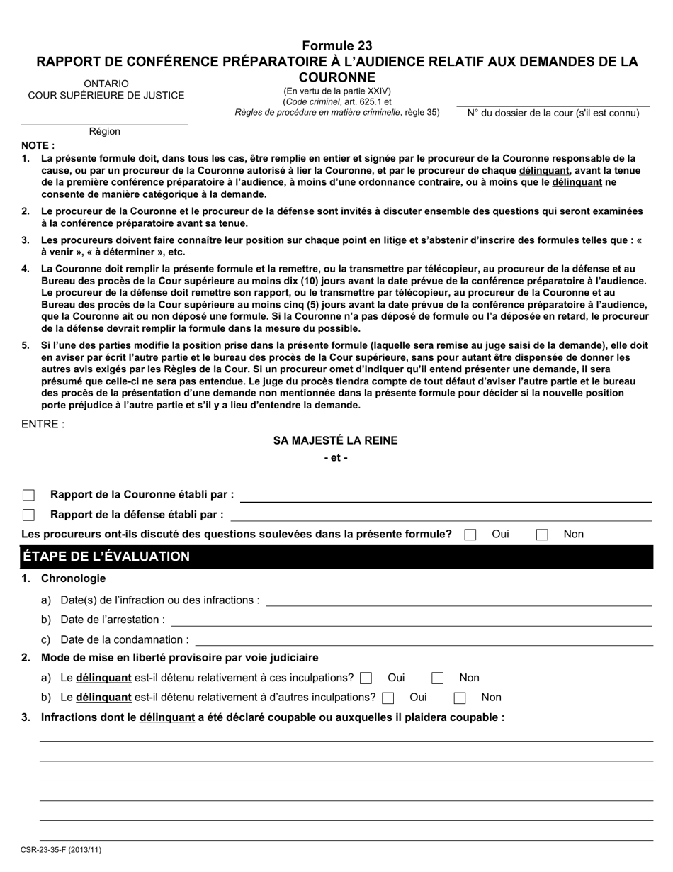 Forme 23 Rapport De Conference Preparatoire a Laudience Relatif Aux Demandes De La Couronne - Ontario, Canada (French), Page 1