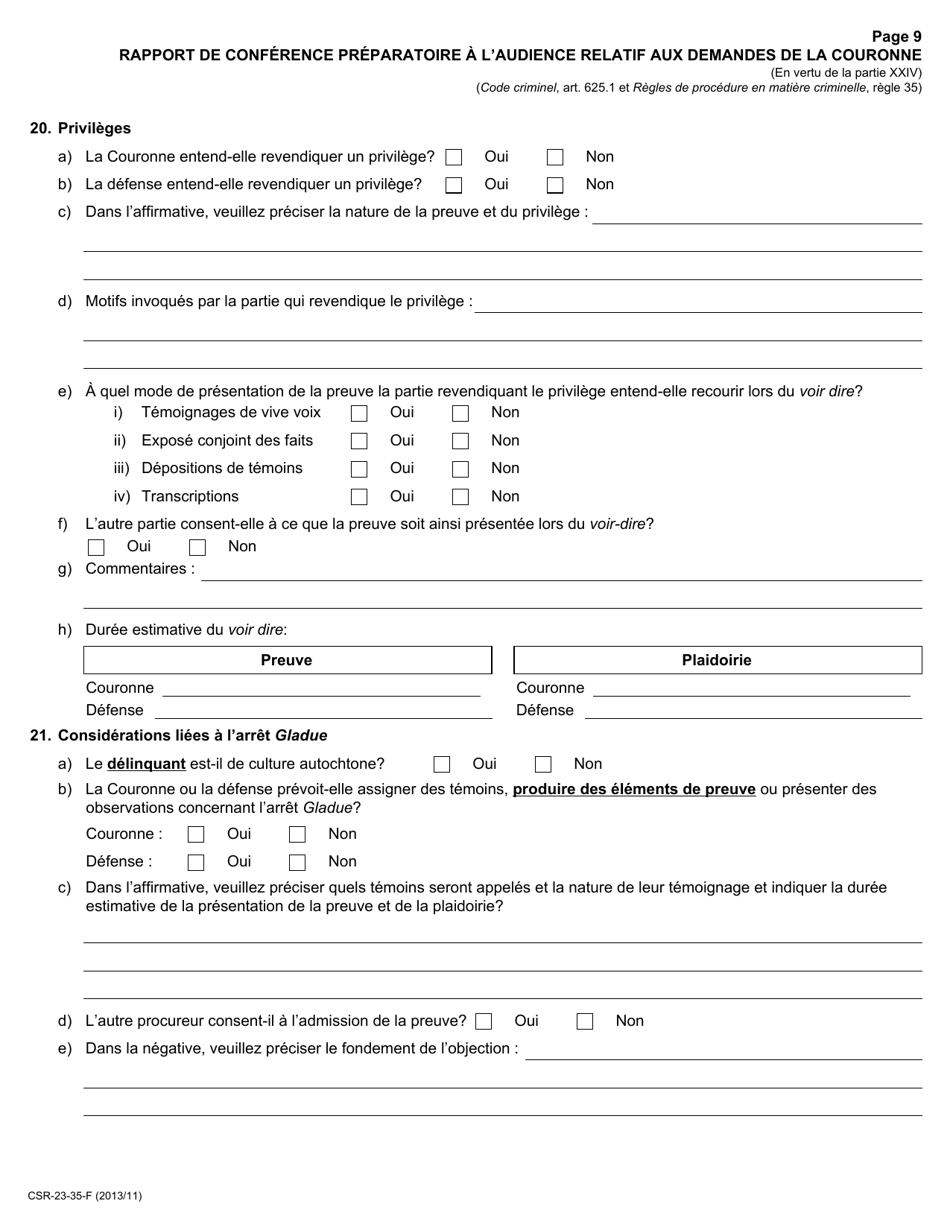 Forme 23 Rapport De Conference Preparatoire a Laudience Relatif Aux Demandes De La Couronne - Ontario, Canada (French), Page 9