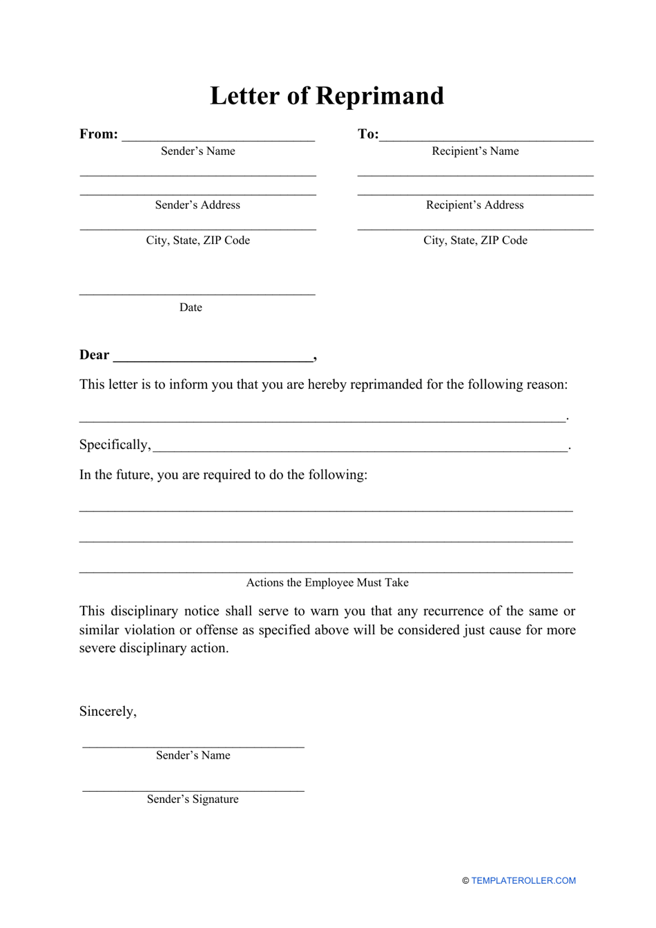 Letter of Reprimand Template Preview