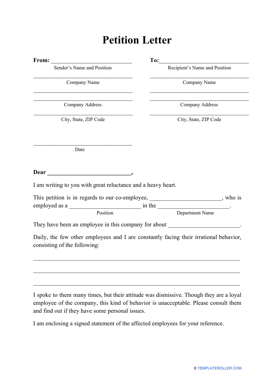 Petition Letter Template Download Printable PDF  Templateroller