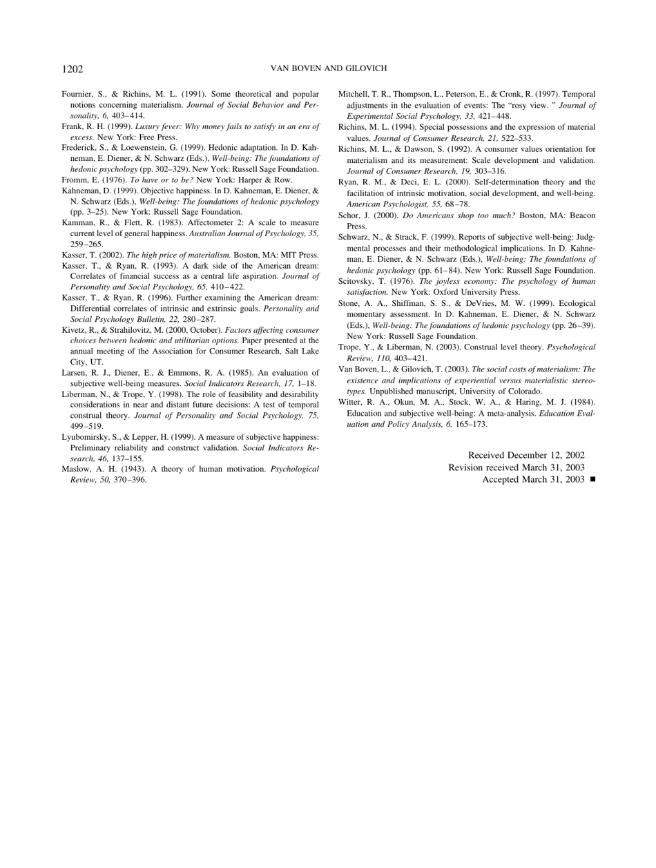 To Do or to Have? That Is the Question - Leaf Van Boven, Thomas Gilovich, Page 10