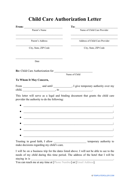 Child Care Authorization Letter Template Download Printable PDF 