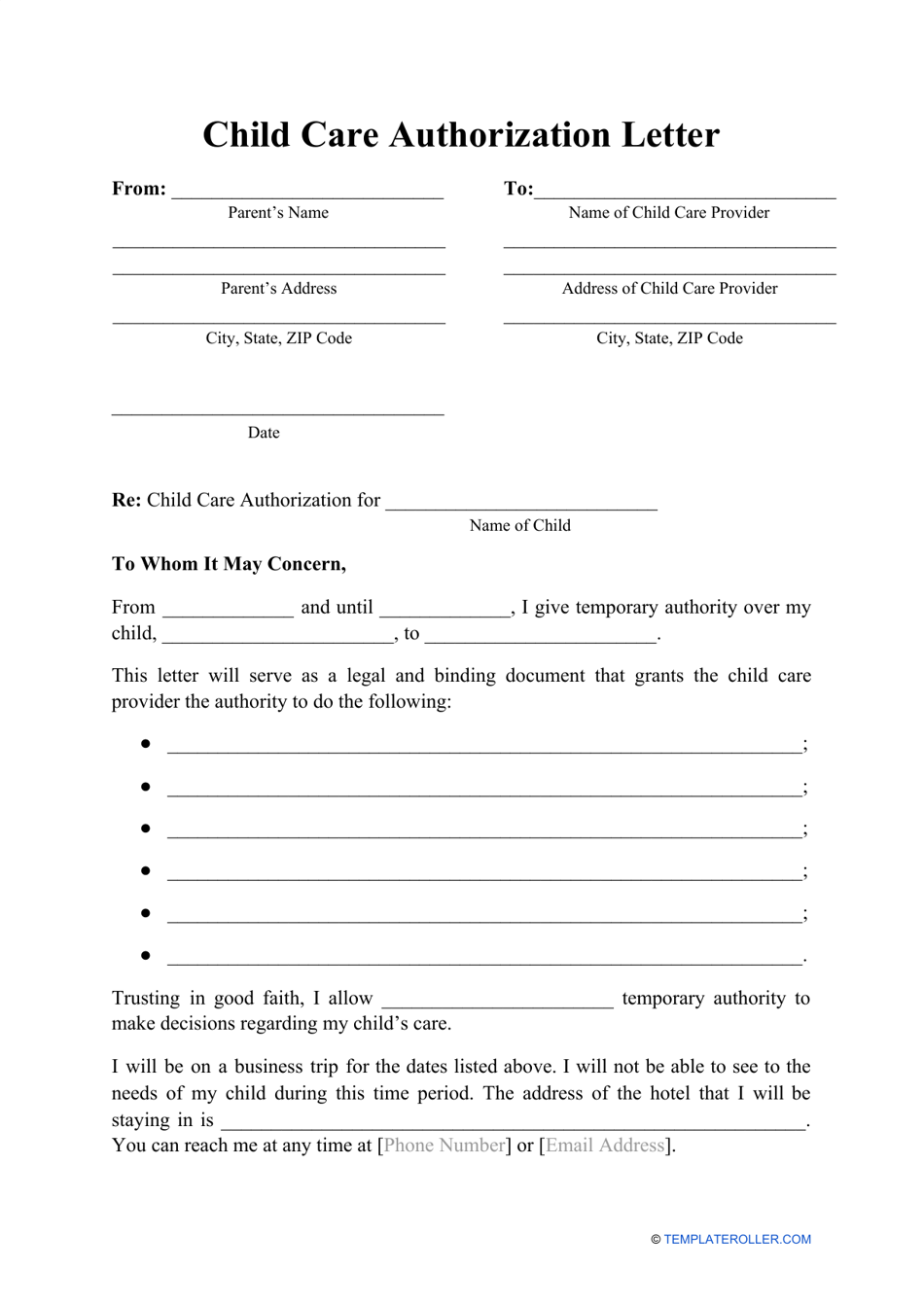 Child Care Authorization Letter Template Preview