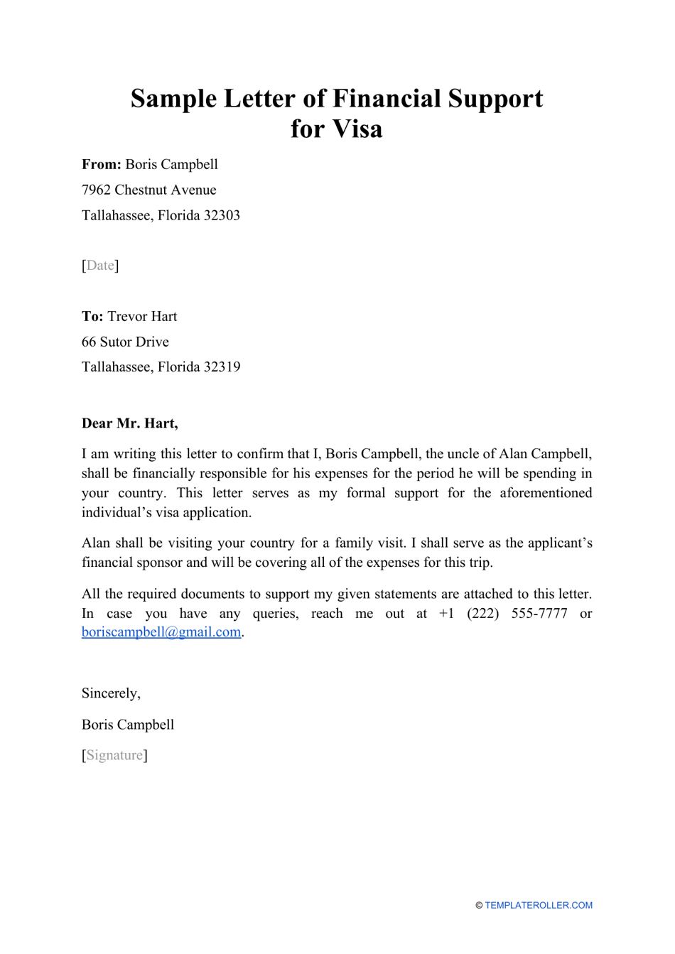 Sample Letter of Financial Support for Visa Download Printable PDF