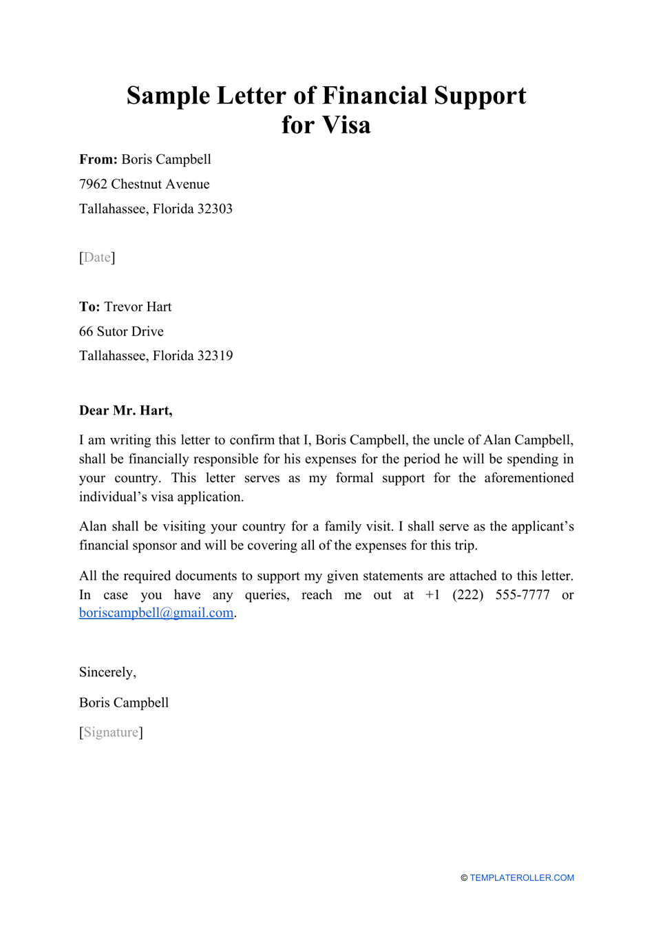 Financial Support Letter Template